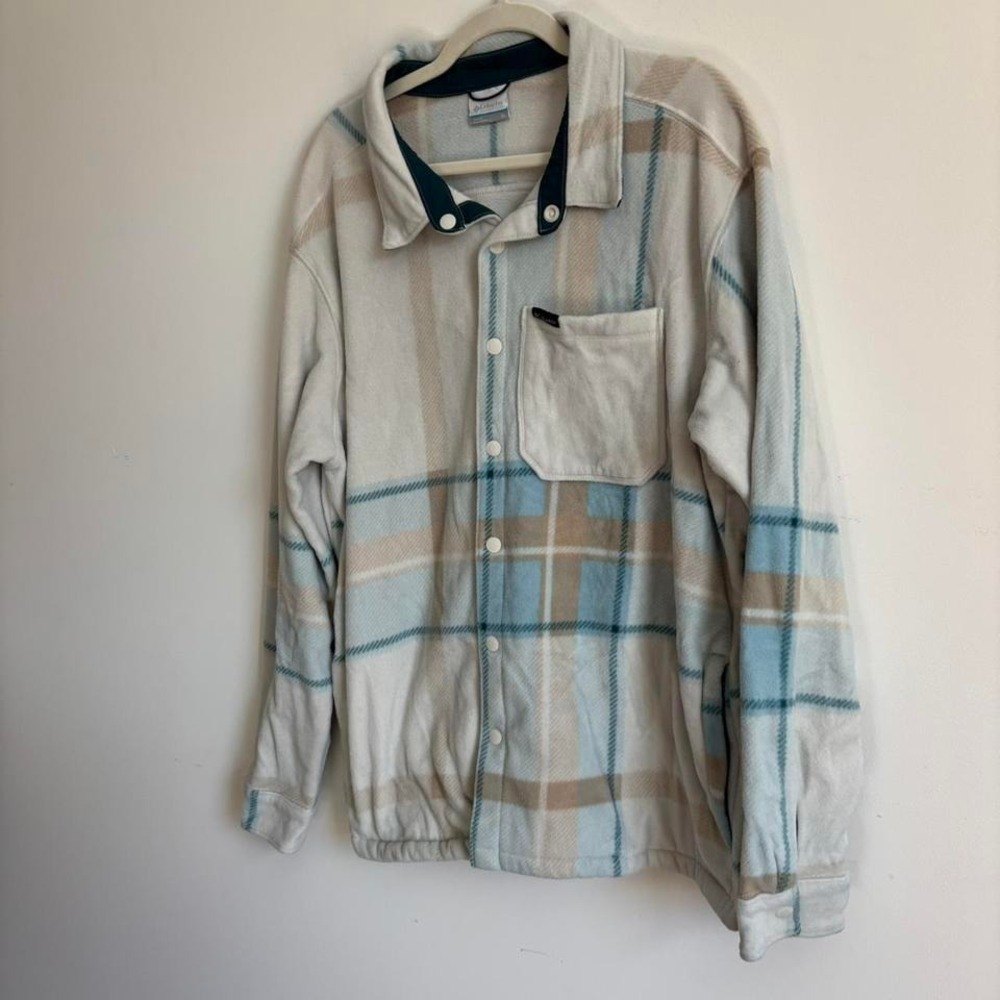 Columbia blue and cream fleece plaid button up jacket shirt - Picture 3 of 5